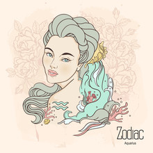 Zodiac. Vector Illustration Of Aquarius As Girl With Flowers. 