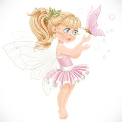 Wall Mural - Sweet fairy in a pink tutu holding a large butterfly on the fing