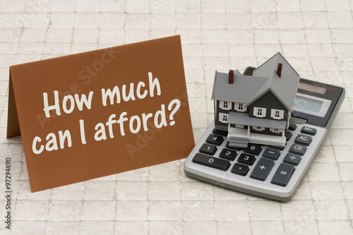 Cuadros en Lienzo Home Mortgage Affordability, A gray house, brown card and calcul