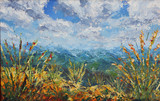Fototapeta Natura - summer in the mountains, vegetation, clouds, oil painting