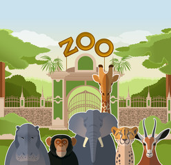 Wall Mural - Zoo gate with african flat animals