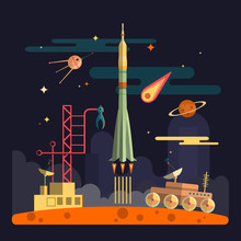 Rocket Launch On Space Landscape Background. Vector Illustration In Flat Design. Planets, Satellite, Stars, Moon Rover, Comets, Moon.