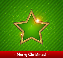 Gold Shining Star, Green Background. Christmas Greeting Card