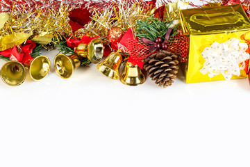 Christmas decorations, gifts, color balls, ribbons on a white background.