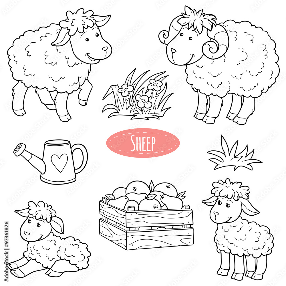 Set of cute farm animals and objects, vector family sheep Stock Vector ...