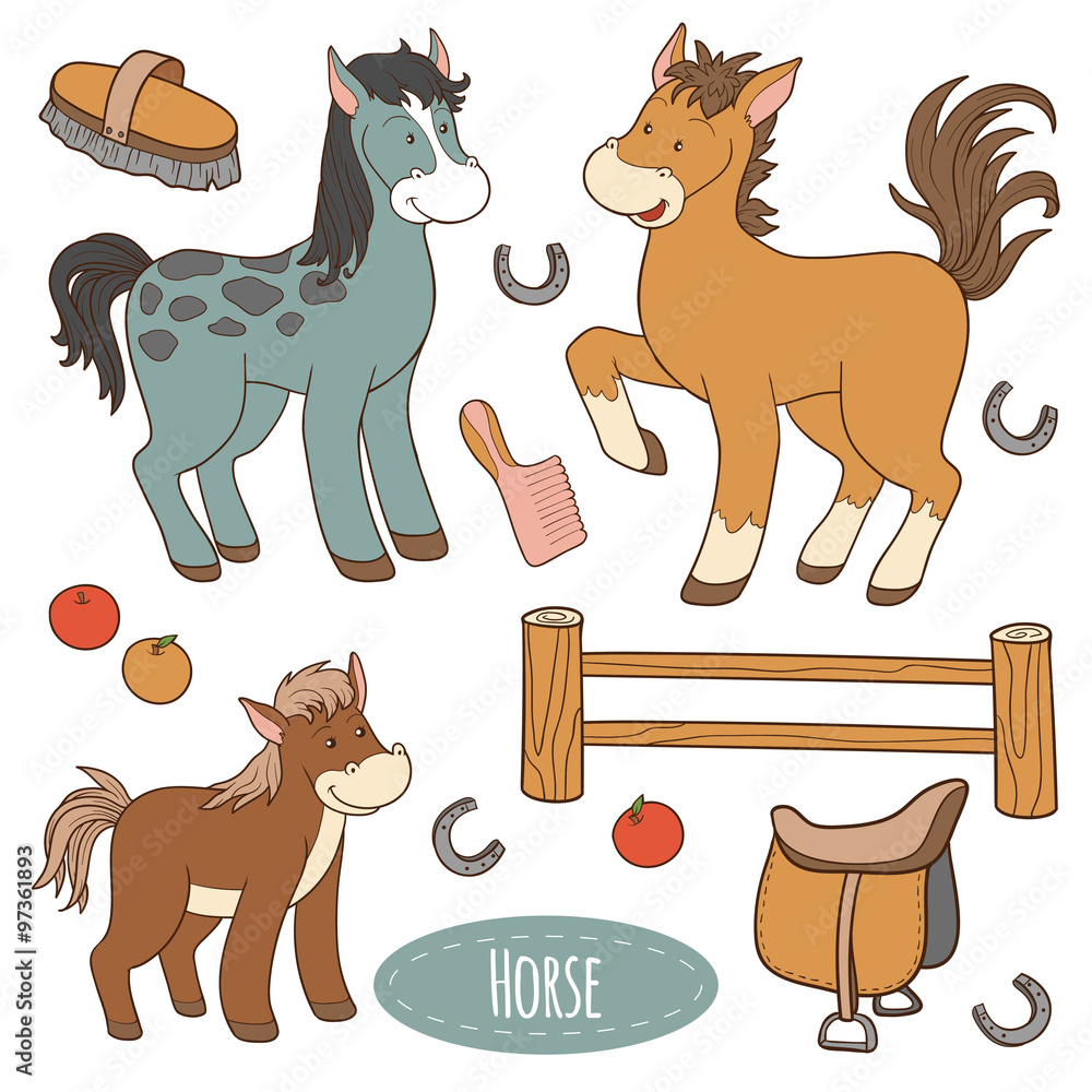 Set of cute farm animals and objects, vector family horse Stock Vector ...
