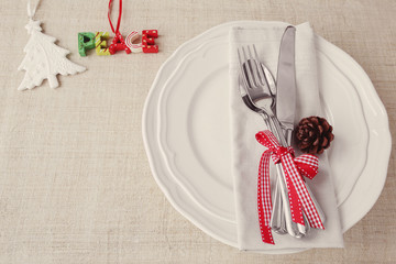 Wall Mural - Christmas table place setting, holidays copy space background, selective focus vintage tone