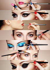 Wall Mural - beauty collage. faces of women. fashion photo. makeup artist applies lipstick and eye shadow