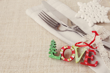 Wall Mural - Christmas table place setting, holidays copy space background, selective focus vintage tone