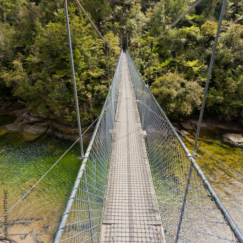 Swing Bridge Over Green Jungle River New Zealand Kaufen