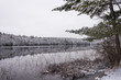 Still waters reflect waterfront forests.  Light snow under subdued lead grey overcast winter sky makes beautiful waterfront forest.
