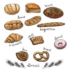 Watercolor Sketch hand drawn set of bakery products - bread, baguette, croissant, puff, donut, bun, brezel isolated on white. Design element for for textiles, advertising, brochures, menu