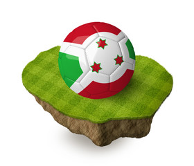 3d realistic soccer ball with the flag of Burundi  on a piece of rock with stripped green soccer field on it. See whole set for other countries.
