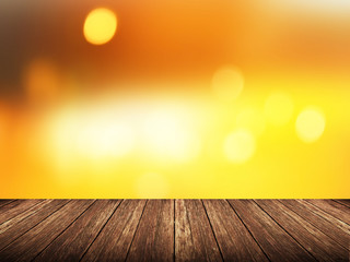 Empty wood table over blurred sunset sky with bokeh background, product display template,deck,