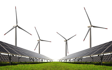 Solar energy panels with wind turbines on white background. Clean energy.