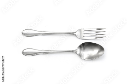 Fotografie, Obraz silver spoon and fork horizontal alignment isolated in white background