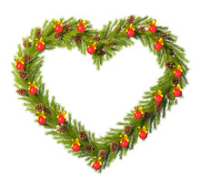 Christmas Wreath In The Shape Of Heart Isolated On White