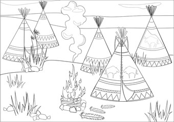 Wall Mural - Coloring with halt Indians in prairie