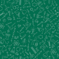 Wall Mural - Seamless pattern with formulas,graphs, and equipment as the theme of chemistry in white on a green background