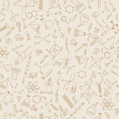 Wall Mural - Seamless pattern with formulas,graphs, and equipment as the subject of chemistry in sepia