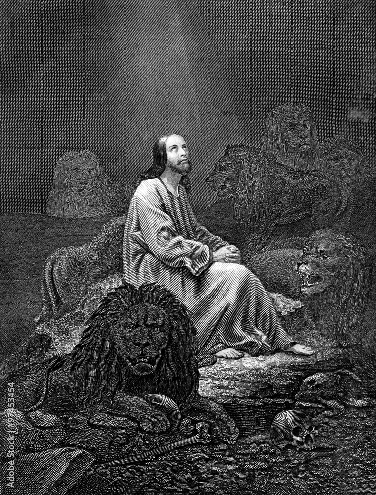An engraved vintage illustration image of Daniel in the Lions Den of the Old Testament Bible, from a Victorian book dated 1886 that is no longer in copyright - obrazy, fototapety, plakaty 