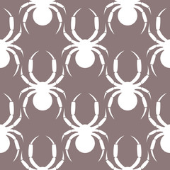 Wall Mural - Seamless vector pattern with insects, symmetrical  pastel background with white spiders, over grey backdrop