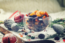 Dried Fruits And Candied Fruits Soaked In The Rum For Baking Fruit Cake. Christmas Gift.Toned Image.Vintage Style.selective Focus. 
