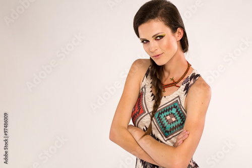 Brunette girl with nice hair and modern make-up Poster
