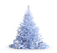 Blue Christmas Tree With Gifts Isolated 3d Render