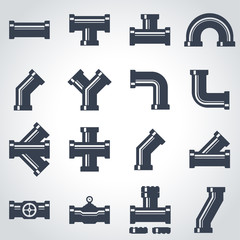 vector black pipe fittings icon set. pipe fittings icon object, pipe fittings icon picture, pipe fit