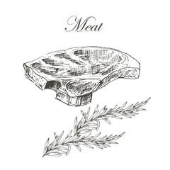 Wall Mural - vector steak meat hand drawing with pepper and rosemary. detailed ink food illustration