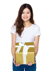 Wall Mural - Young Woman show with present box