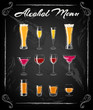 Various glasses on the chalkbord bachground. Glasses for cocktails, wine, vodka, beer and water. Vector Illustration