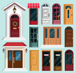 Set of detailed colorful front doors to private houses and buildings. Front door with Christmas wreath. Flat style vector illustration.