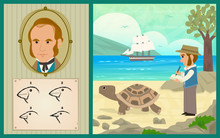 Darwin Adventure - Charles Darwin At The Galapagos Islands And The Development Of His Theory Of Evolution. Eps10