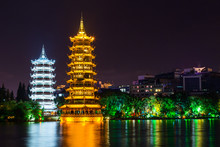 Sun And Moon Twin Double Pagodas And Shanhu Lake In  Guilin