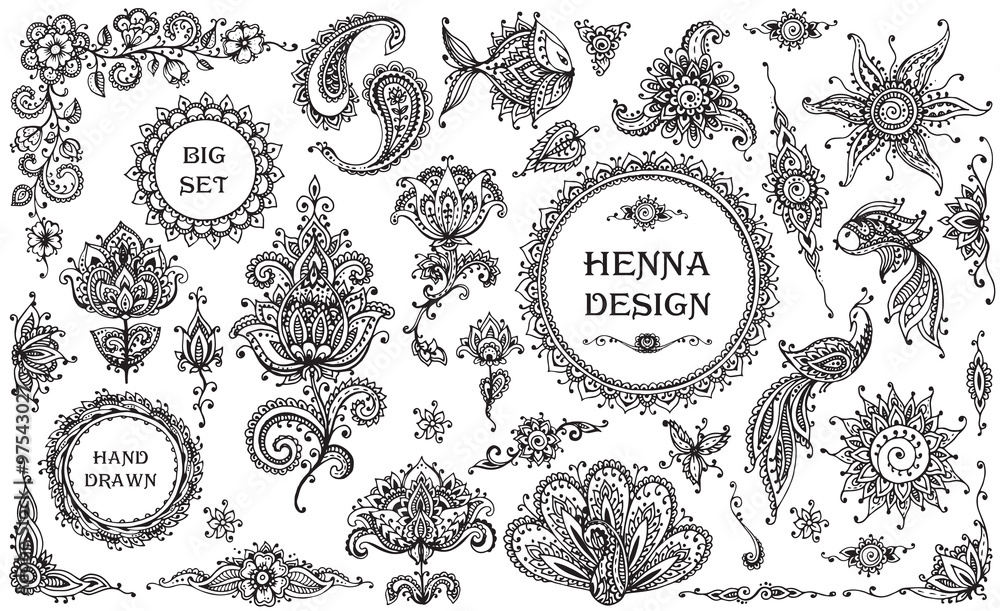 Vector Set of henna floral and animal elements - obrazy, fototapety, plakaty 
