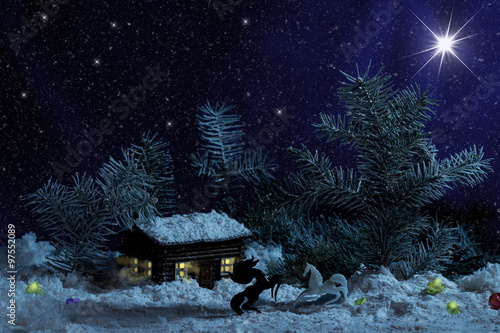 White And Black Horses Before Decorative Wood House With Lights
