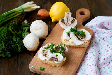 sandwiches with mushrooms and herbs for a snack breakfast