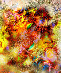 Aufkleber - oriental ornamental mandala and color abstract background with fire flame, desert and LAVA structure. Earth Concept. Red, green, yellow, black color