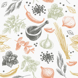 Fototapeta Kuchnia - Vector seamless pattern with herbs and spices. 