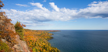 Panorama Of Colorful Lake Superior Shoreline With Dramatic Sky