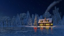 Illuminated Cozy Rustic House With Smoking Chimney And Luminous Windows And Decorated Christmas Tree On The Shore Of A Frozen Lake Under Starry Night Sky