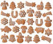 Collection of Christmas gingerbread cookies isolated on white