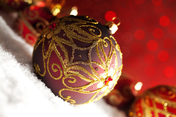 Sticker - Ornament Christmas baubles on red background