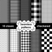 Set Of Checkered Simple Fabric Seamless Pattern In Black And White