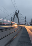 Fototapeta Most - Tram lights trails on tram cable-stayed bridge in Krakow, Poland
