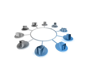 Wall Mural - Concept of System integration, Illustrates various application systems connected through a network