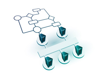 Wall Mural - Concept of Business process and System integration, This represents a business process connecting to various systems in flow from different network and calling a function through business activity