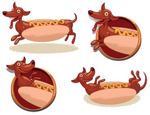 Vector Funny Hot Dogs Set. Cartoon Image Of Four Funny Brown Dogs Lying In Buns And Smeared With Mustard As Hot Dogs On A Light Background.